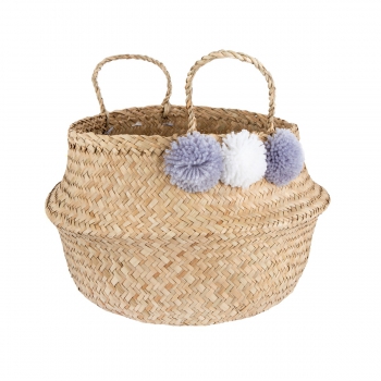 Flechtkorb Aufbewahrungskorb Seegras PomPoms - beige/lila/weiß