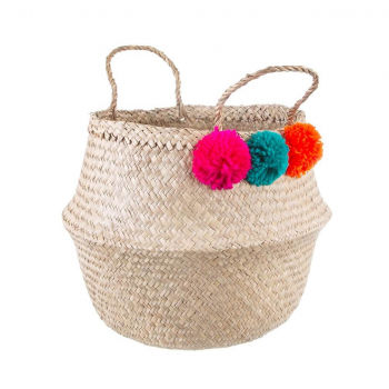 Flechtkorb Seegras PomPoms - beige/pink/türkis/orange