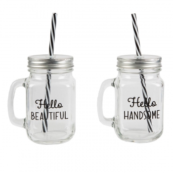 Mason Jar Trinkglas Set - Hello Handsome & Beautiful