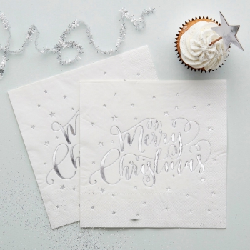 Papierservietten Merry Christmas Metallic Star - silber/weiß
