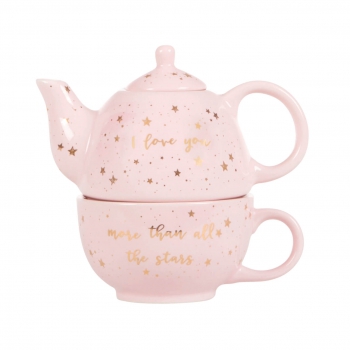 Tee Set Kanne und Tasse Sterne I Love You - gold/rosa