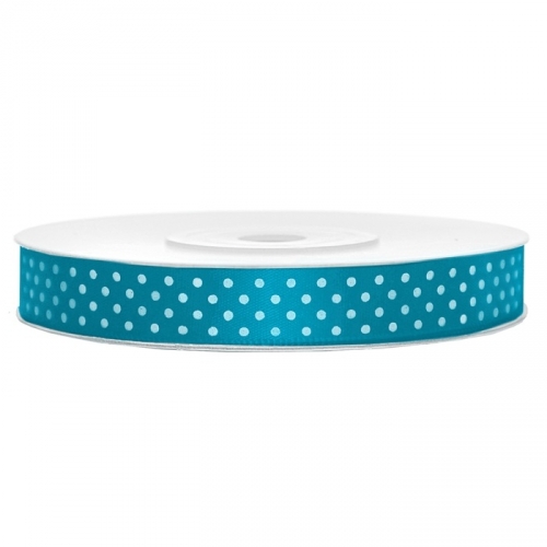 Satinband gepunktet 12mm/25m - weiß/türkis