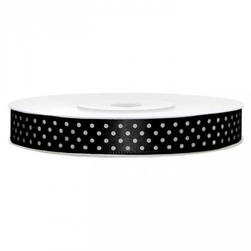 Satinband gepunktet 12mm/25m - weiß/schwarz